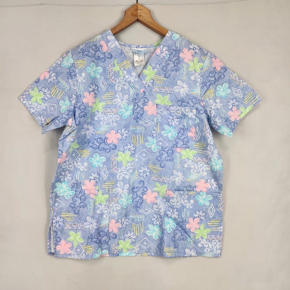 Simply Basic Flower Print Scrub Top Size M Super Soft Blue Medical Nursing